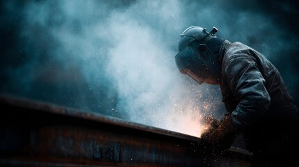 Worker welding steel beams sparks flying in a metalwork industry scene