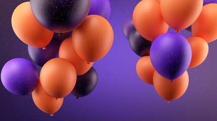 glittery orange and purple balloons floating on purple background festive 3d celebration illustration