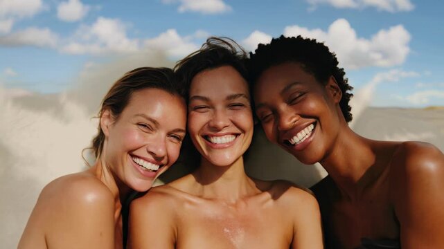 Three women of different ethnicities smile naturally with bare shoulders. Two white and one Black, showcasing diversity, confidence, and authentic beauty in a bright, minimal style.