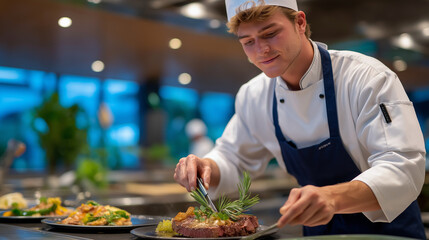 An intern assists a chef in a restaurant kitchen with pans sizzling ingredients chopping plating stations bustling and waitstaff rushing orders captured in a flavorful photo