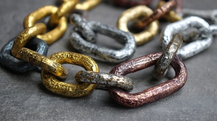 Fototapeta premium interlocking metallic chain with gold silver and copper embellishments 