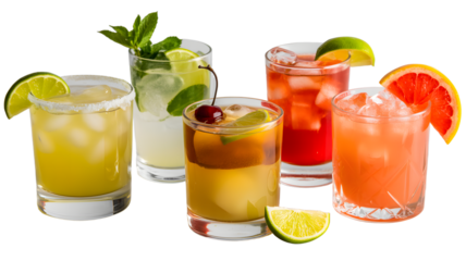 Assortment of five refreshing summer cocktails garnished with lime and mint on black