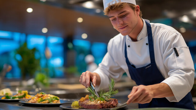 An intern assists a chef in a restaurant kitchen with pans sizzling ingredients chopping plating stations bustling and waitstaff rushing orders captured in a flavorful photo