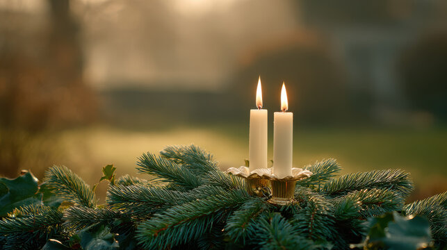 small icon set against backdrop of pine branches and candles creates harmonious atmosphere