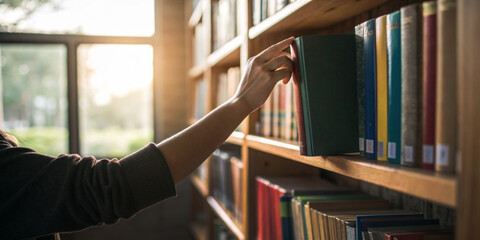 Abstract background. Hand reaching for the book in the library with the morning sunlight shining...