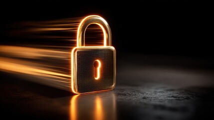 Naklejka premium Glowing golden padlock symbolizing digital security and data protection with light streaks