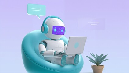 Robot sitting on beanbag with laptop and headphones