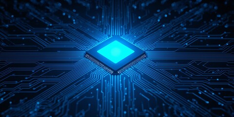 Blue tech microchip with electronic lines background