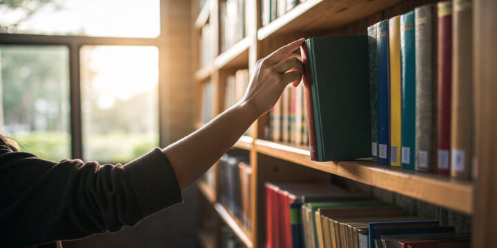 Abstract background. Hand reaching for the book in the library with the morning sunlight shining through the window is like the concept of education and the desire to learn new things