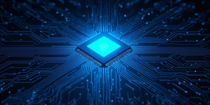 Blue tech microchip with electronic lines background