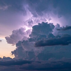 Dramatic Storm Clouds at Twilight with Vivid Lightning Strikes in Dark Blue Sky