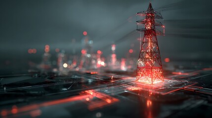 Power Transmission Tower with Glowing Lights in Futuristic Cityscape Concept