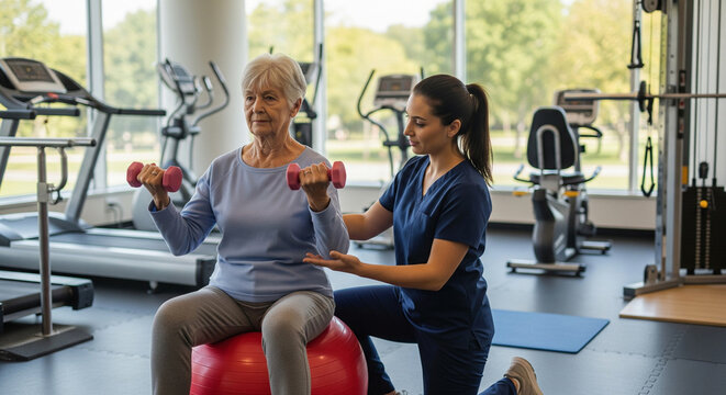 Medical worker helps senior woman perform sports exercises with dumbbells and fitball in gym. Physiotherapist helps pensioner in rehabilitation center