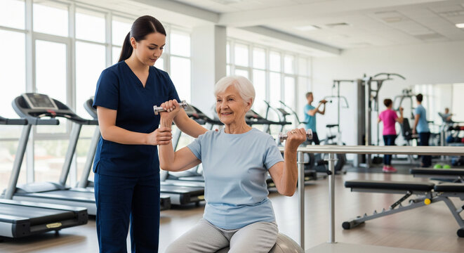 Medical worker helps senior woman perform sports exercises with dumbbells and fitball in gym. Physiotherapist helps pensioner in rehabilitation center