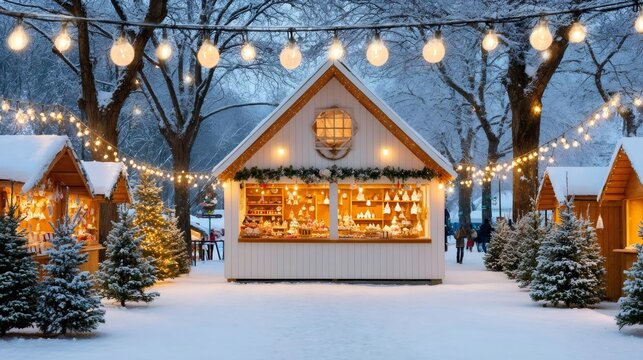 Christmas market stalls selling ornaments during snowy winter evening with fairy lights illumination