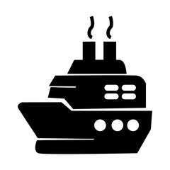 Black silhouette vector of a cruise ship with steam stacks. Represents travel, transportation, vacation, and tourism