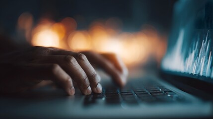 A fintech professional s hands typing on a laptop keyboard  long title A close up view of a person s hands on a laptop keyboard with a trading