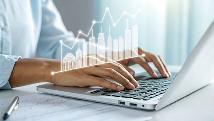 Hands typing on a laptop with glowing financial charts and data visualizations overlayed