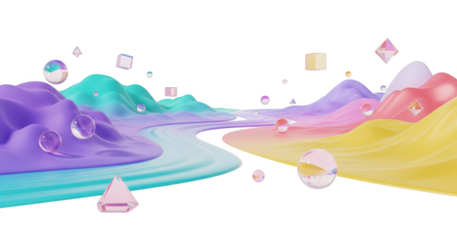 Surreal pastel landscape with floating geometric shapes and crystal spheres