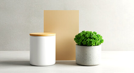 Minimalist arrangement of a white ceramic jar with a wooden lid and a small green plant in a concrete pot against a neutral background