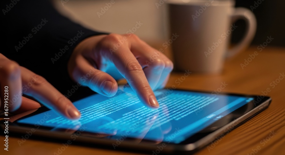 Poster a persons hands are actively interacting with a glowing tablet screen displaying text with a coffee 