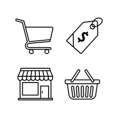 Set of four simple line art icons representing shopping and commerce