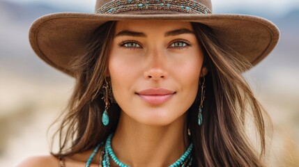 Fashion model wearing brown hat and turquoise jewelry