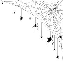 A corner spider web illustration with hanging spiders, perfect for framing Halloween invitations, posters, and themed crafts.