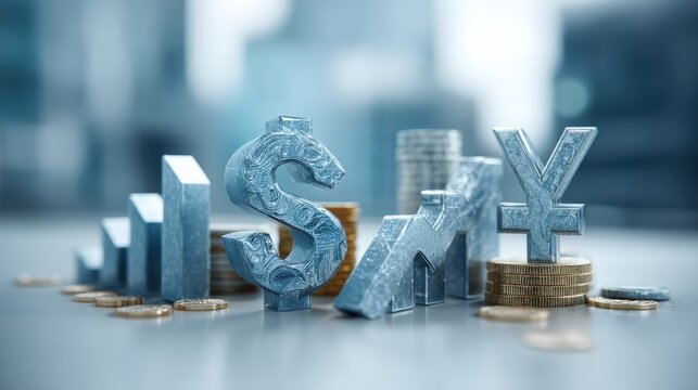 Financial growth represented by rising bar charts and currency symbols like dollar and yen, with stacks of coins and a blurred background suggesting a global economy - Powered by Adobe