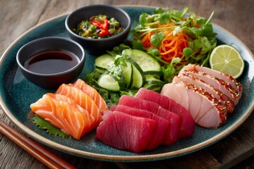 Delicious sashimi platter with tuna, salmon, and sesame seeds accompanied by soy sauce and fresh salad
