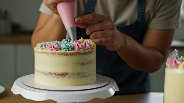 Nonbinary person decorating cake with colorful icing piping bag, baking dessert for celebration footage.