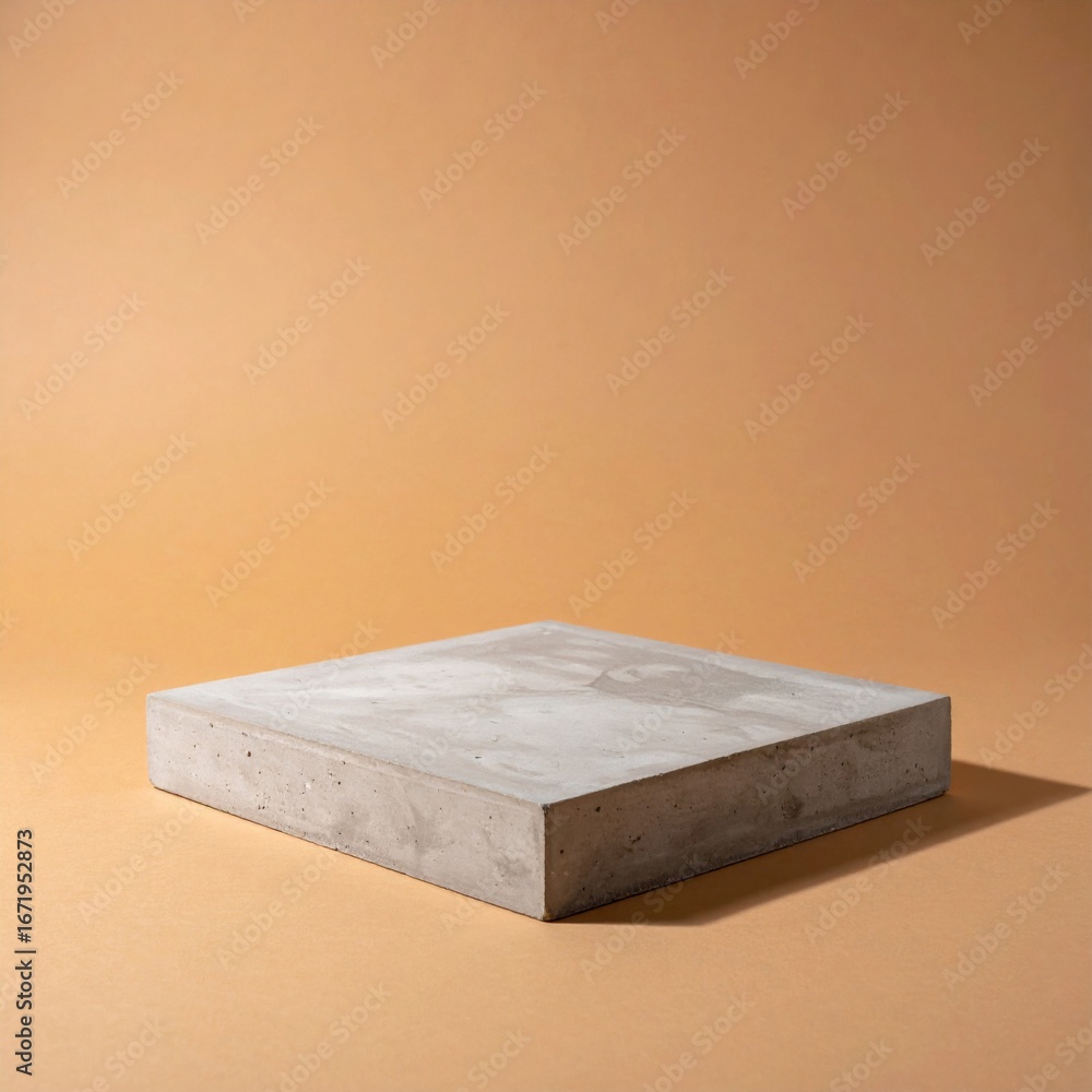 Poster gray concrete cube block on warm tan background for minimalist display and presentation