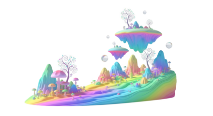 Surreal rainbow landscape with floating islands and fantastical flora