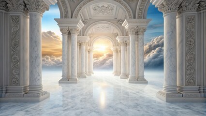Fototapeta premium Majestic ancient marble colonnade leading to a bright sunlit sky with ethereal clouds and distant mountains