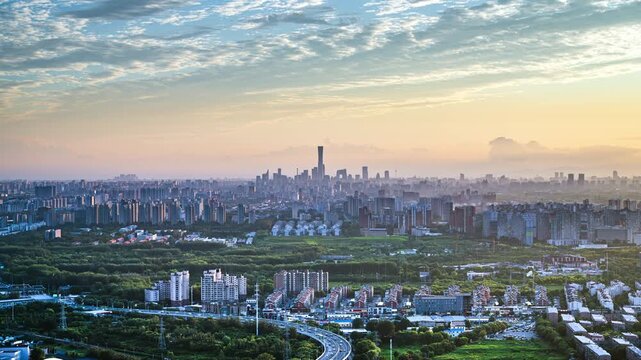 Time-lapse Footage of Panoramic Architectural Landscape with Sunset Skyline in Beijing, China at Dusk