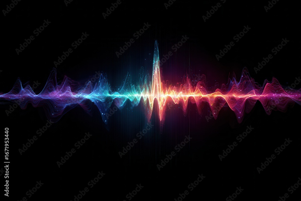 Poster colorful sound wave on a black background with a bright peak. use for audio engineering, equalizer, 