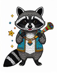 Cartoon Raccoon Illustration in a Blue Vest Holding a Colorful Telescope With Stars Background