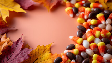 Autumn Candy Arrangement with Leaves and Seasonal Sweets with copyspace
