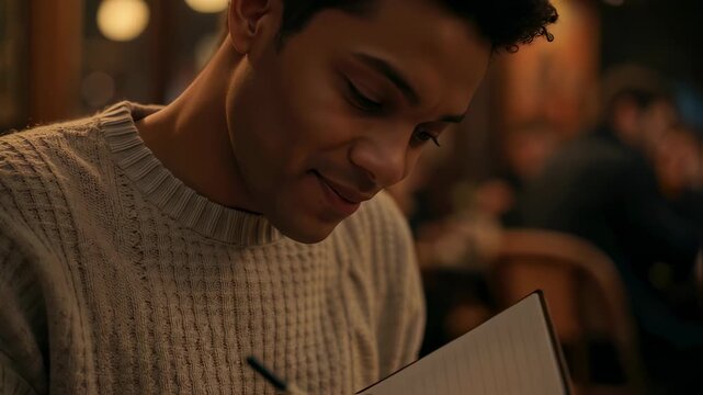 Young man writing in a notebook at a cafe, focused on journaling or sketching in a cozy setting footage.