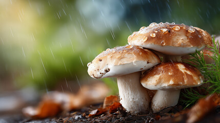 Close-Up of Fresh Mushrooms on Forest Floor in Rain