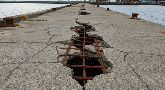 Damaged pier with rusted metal rebar and concrete cracks extending into the distance over the water - Powered by Adobe