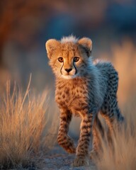 A young cheetah cub walks through dry grass at sunrise, its fur catching the warm golden light of the early morning sun