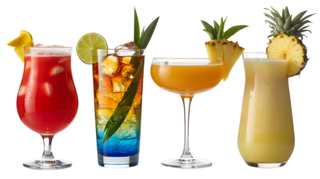 Four colorful tropical cocktails with pineapple garnish on a black background professional studio shot