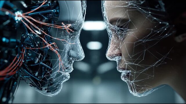 Brain-computer interface. Neuroscience. Biohacking. Cybernetics. Neural. A robot and a human face-to-face, showcasing futuristic design.