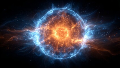 Abstract Energetic Explosion with Blue and Orange Plasma Sparks in Space Setting