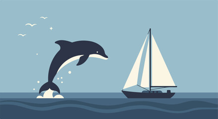 Dolphin Jumping Near Sailboat at Sea