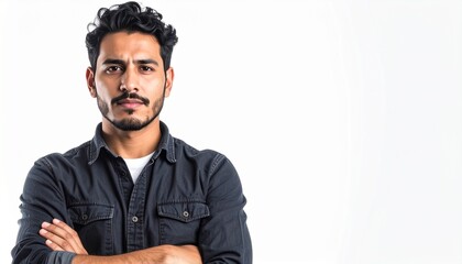 Obraz premium Serious young man with dark hair and beard, arms crossed, against a white background.