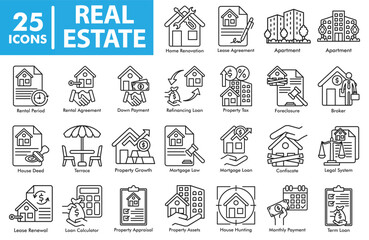 Real estate icon set featuring apartment, rental agreement, mortgage loan, property tax, foreclosure, broker, house hunting, property appraisal, and housing finance symbols.