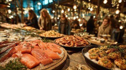 Fresh seafood selection in open market with bustling shoppers