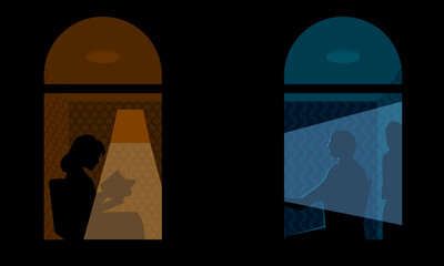 Vector illustration of two lit windows at night, showing silhouettes of a woman reading and a man working at a computer. Concept of privacy, contrast, and indoor life